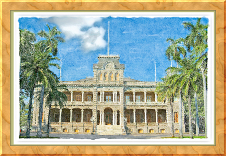 painting of Iolani Palace in Honolulu