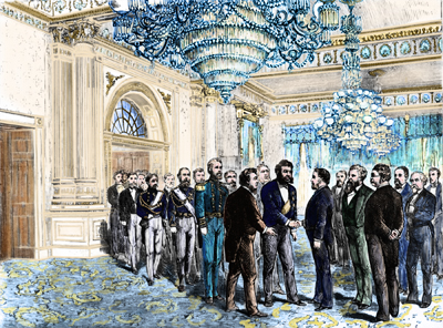 picture of Kalakaua and suite paying a formal visit to the President in the Blue Room of the White House.